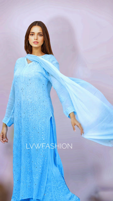 Luxurious LVW Fashion "Falak" premium georgette 3-piece set with intricate chikankari embroidery, soft fabric and elegant design.