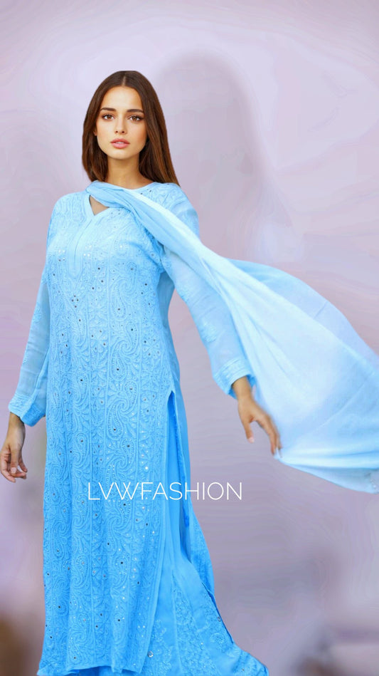 Elegant image of the Falak premium georgette 3-piece set by LVW Fashion featuring intricate chikankari embroidery.