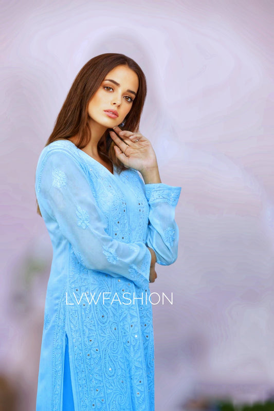Luxurious LVW Fashion "Falak" premium georgette 3-piece set with intricate chikankari embroidery, displayed on a neutral background.