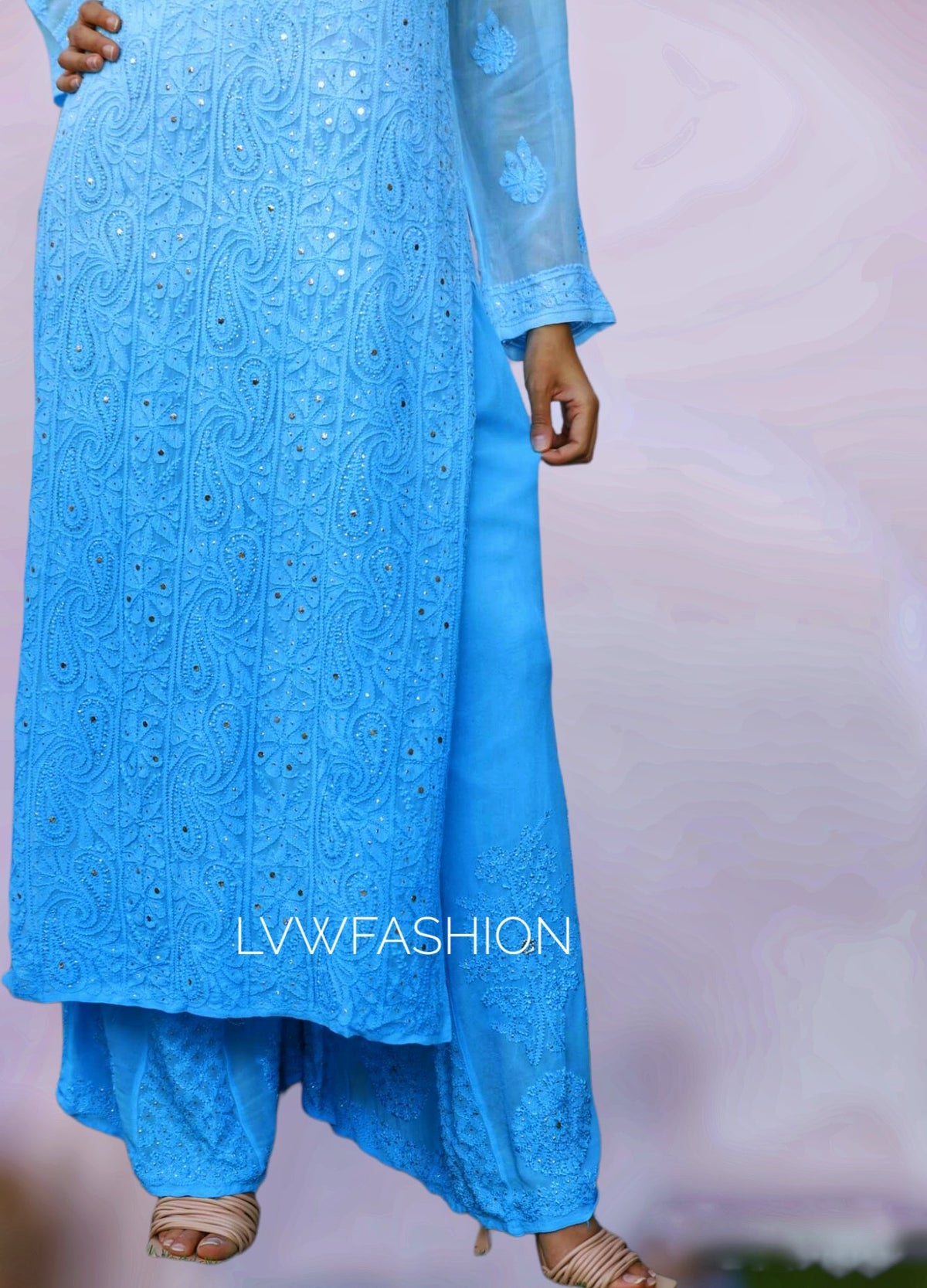 LVW Fashion Luxurious Chikankari Falak premium georgette 3-piece set with intricate embroidery and elegant design.
