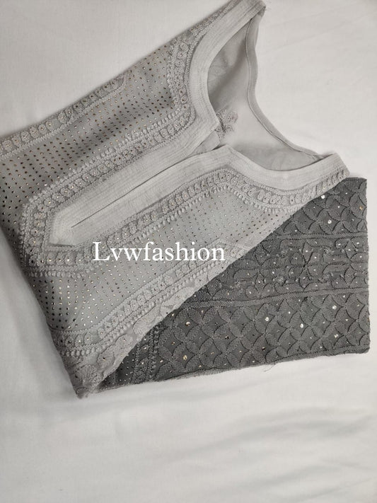 Luxurious LVW Fashion Mehrab premium georgette kurtas with mukaish jaal embroidery and slip, in fawn color.