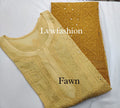 Luxurious LVW Fashion Mehrab premium georgette kurta with mukaish jaal embroidery, neck design, and matching slip in fawn color.