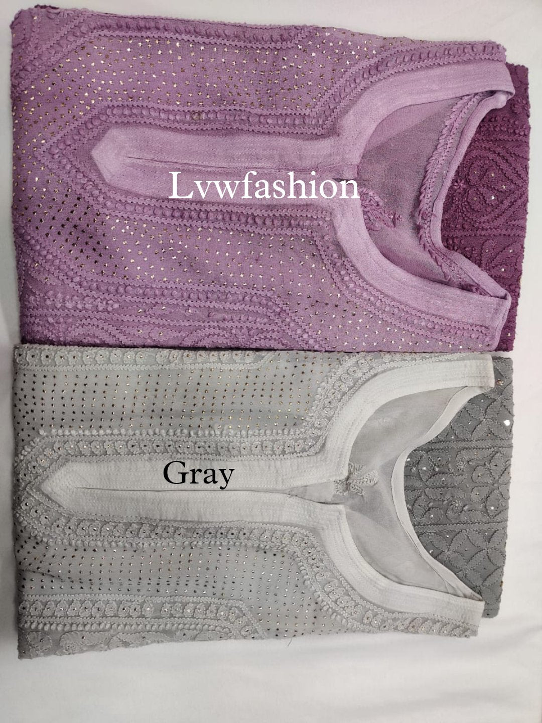 LVW Fashion luxurious chikankari Mehrab premium georgette neck mukaish jaal kurta with slip, fawn color and intricate embroidery.