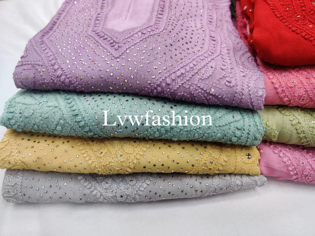 Premium Georgette Mehrab Kurta with Mukaish Jaal embroidery by LVW Fashion, featuring a neck design and matching slip.