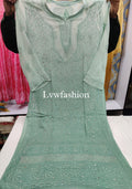 Luxurious LVW Fashion Mehrab premium georgette kurtas with mukaish jaal embroidery and slip, in fawn color.