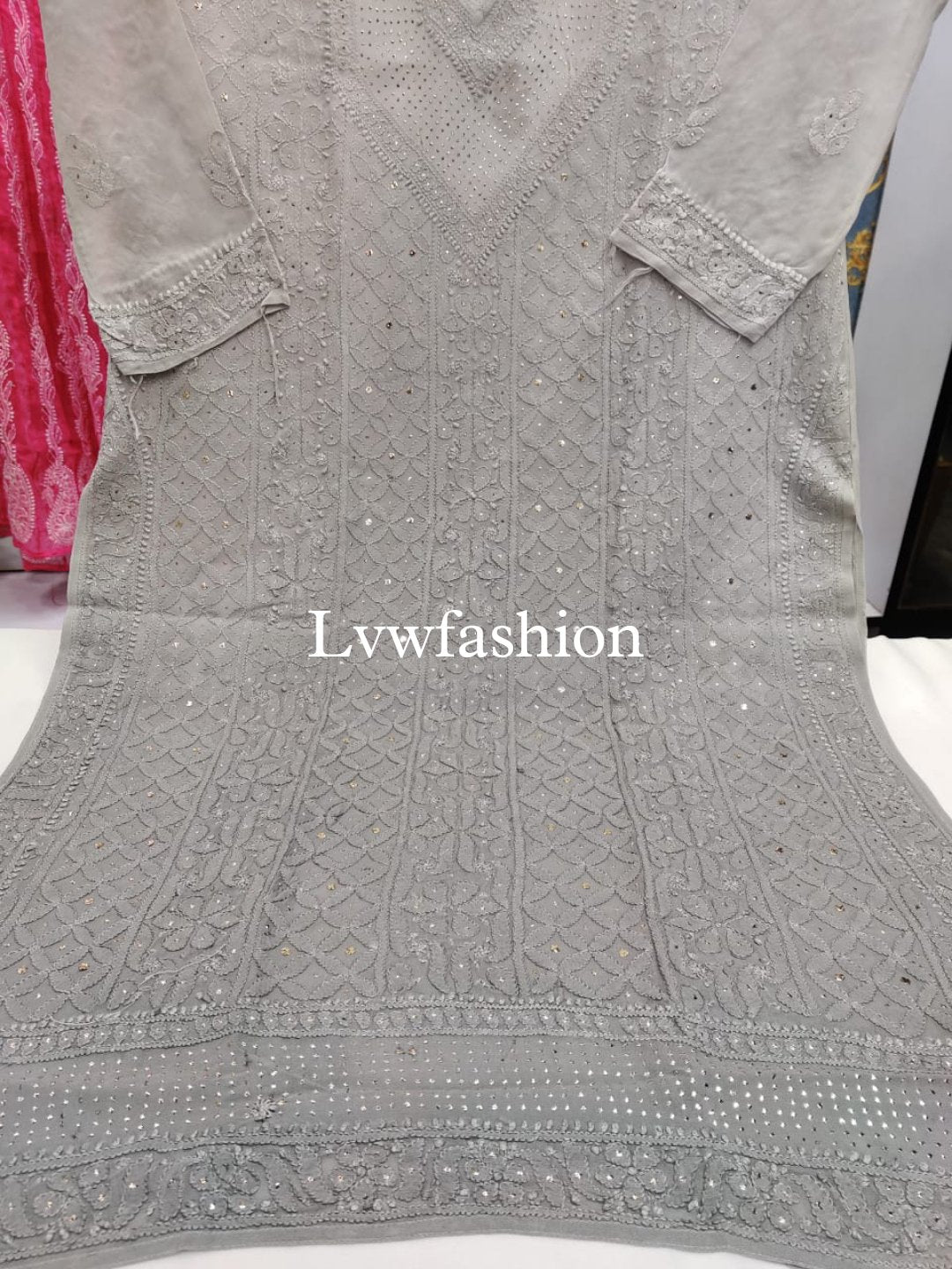 Luxurious LVW Fashion Mehrab premium georgette kurta with mukaish jaal embroidery, neck design, and slip, in fawn color.
