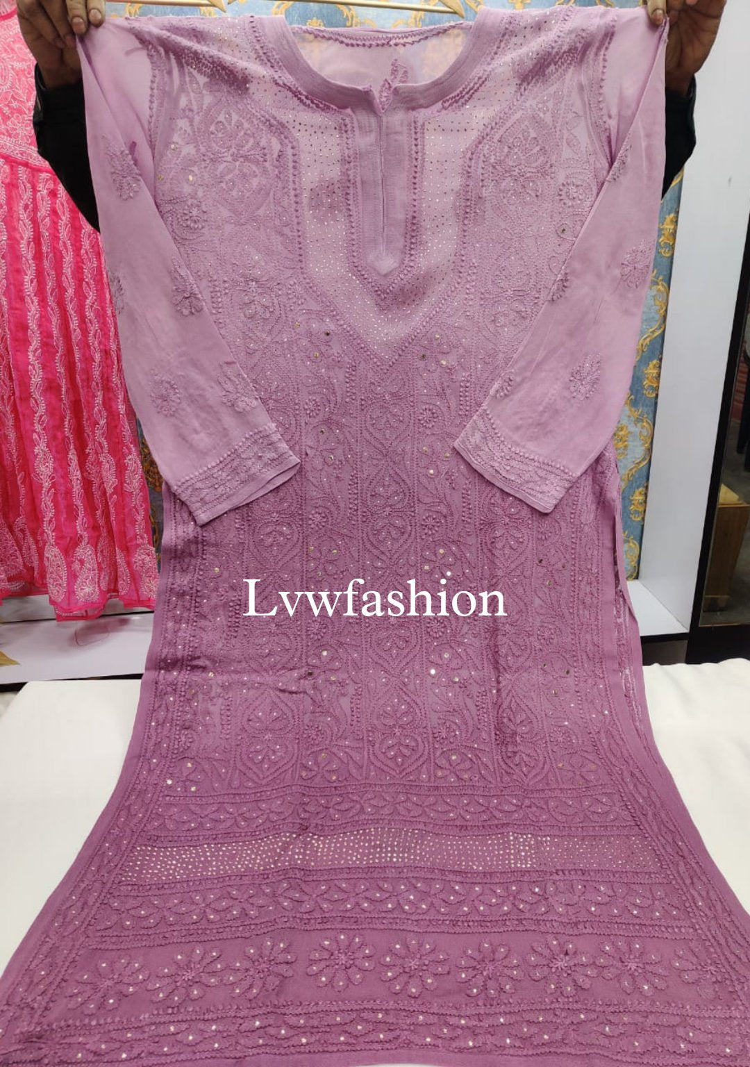 Fawn Mehrab premium georgette neck Mukaish Jaal kurta with slip, LVW Fashion Luxurious Chikankari, showcasing intricate embroidery and design.