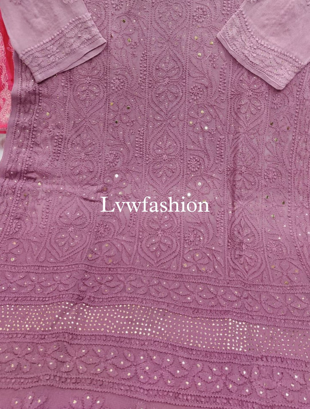 Luxury LVW Fashion Mehrab Georgette Kurtas with intricate Mukaish Jaal design and matching slip, in fawn color.