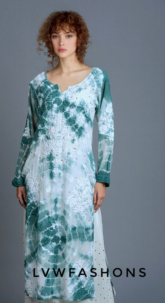 Feriha premium georgette long chikankari and kamdani add-on kurta with slip by LVW Fashion, showcasing intricate embroidery and luxurious fabric.