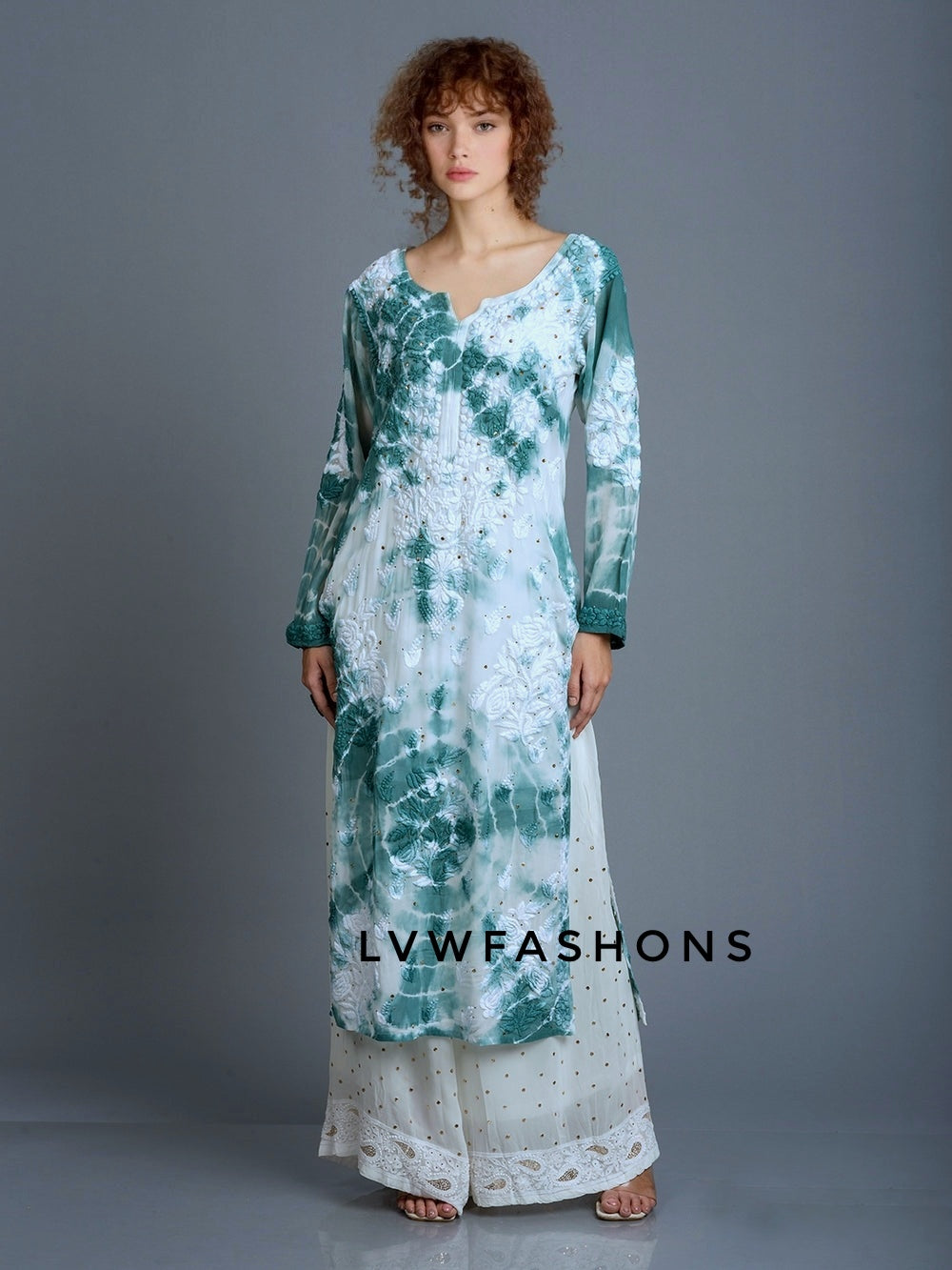 Feriha premium georgette long chikankari and kamdani add-on kurta with slip by LVW Fashion Luxurious Chikankari, in soft fabric.