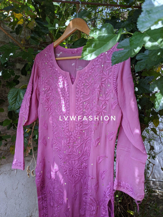 Feriha premium georgette long kurta with rose embroidery by LVW Fashion Luxurious Chikankari, showcasing intricate embroidery and elegant design.