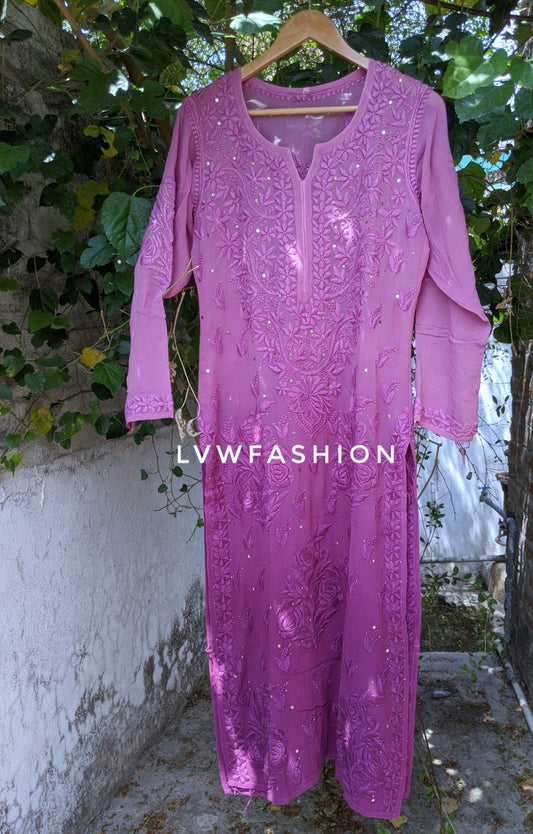 Feriha premium georgette long kurta with intricate rose embroidery by LVW Fashion Luxurious Chikankari, showcasing detailed design and fabric.
