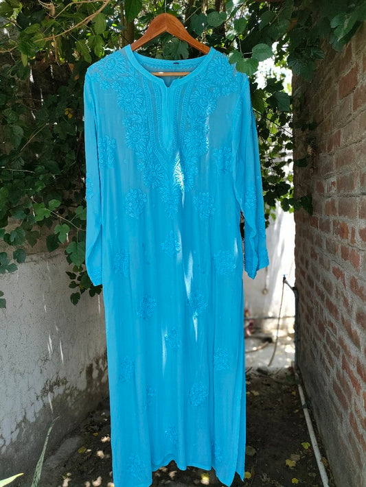 Firozi premium georgette lightweight kurta with side chikankari embroidery and silk slip by LVW Fashion Luxurious Chikankari.