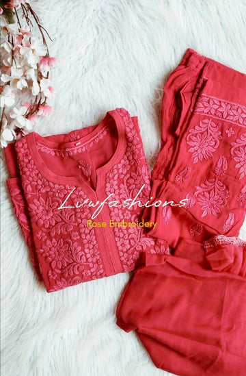 French Raspberry Premium Georgette 3-piece set by LVW Fashion featuring elegant Chikankari embroidery in luxurious fabric.
