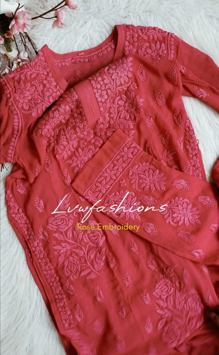 French Raspberry Premium Georgette 3-piece set by LVW Fashion, featuring elegant Chikankari embroidery and luxurious fabric.