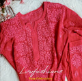 French Raspberry premium georgette 3-piece set by LVW Fashion, featuring elegant chikankari embroidery and luxurious fabric details.