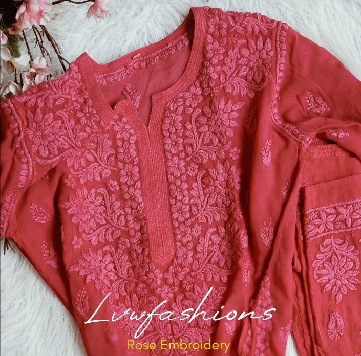 French Raspberry premium georgette 3-piece set by LVW Fashion, featuring elegant chikankari embroidery and luxurious fabric details.