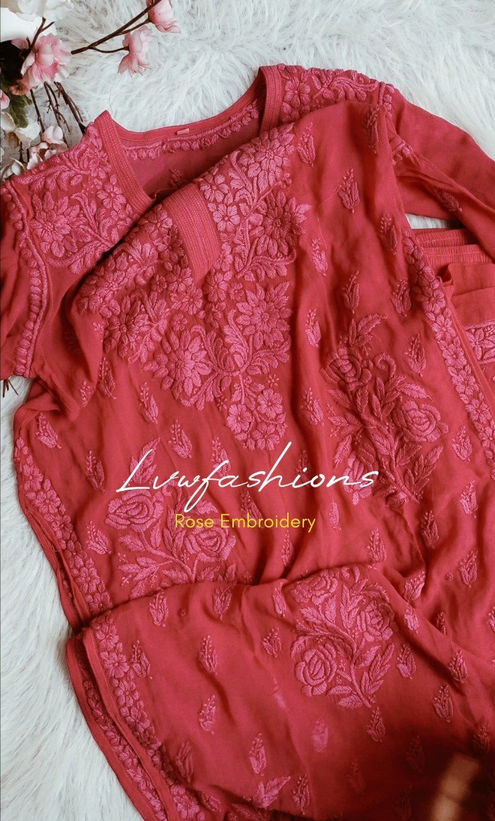 French Raspberry premium Georgette 3-piece set by LVW Fashion Luxurious Chikankari, featuring elegant fabric and intricate design details.