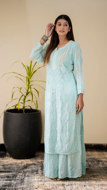 Adaya Ice Blue Premium Georgette Chikankari set by LVW Fashion featuring intricate embroidery and full traditional attire.