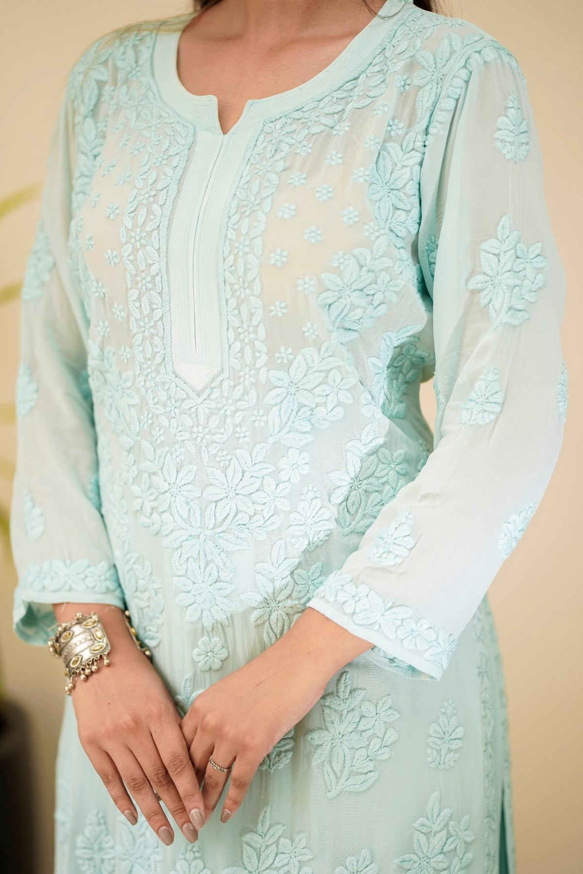Adaya Ice Blue Premium Georgette Chikankari Set by LVW Fashion, featuring intricate hand-embroidered chikankari on flowy georgette fabric.
