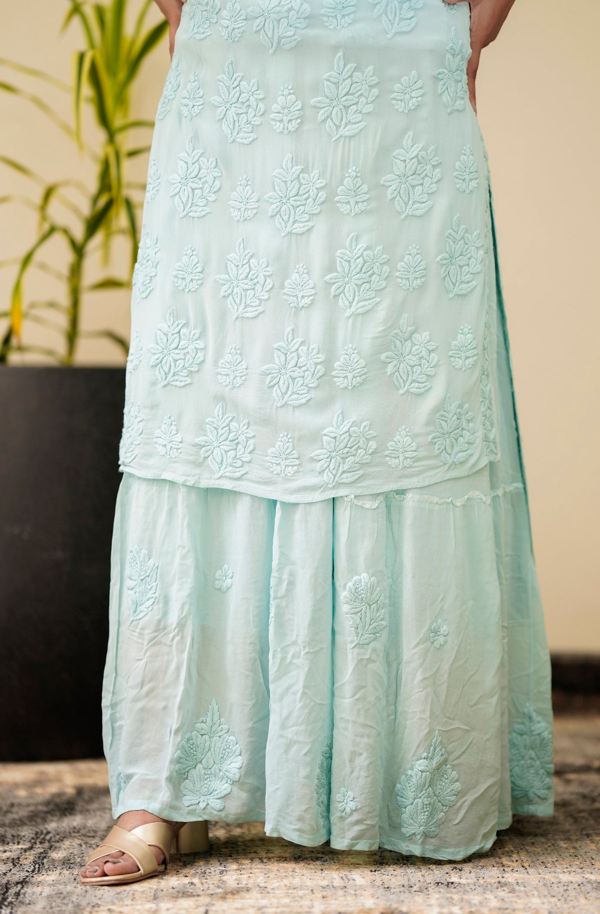 Adaya Ice Blue Premium Georgette Chikankari set with intricate embroidery, featuring top and bottom in a luxurious Chikankari style.