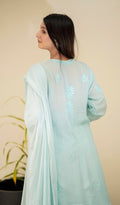 Adaya Ice Blue Premium Georgette Chikankari Set by LVW Fashion, featuring intricate embroidery on a full embroidered outfit.