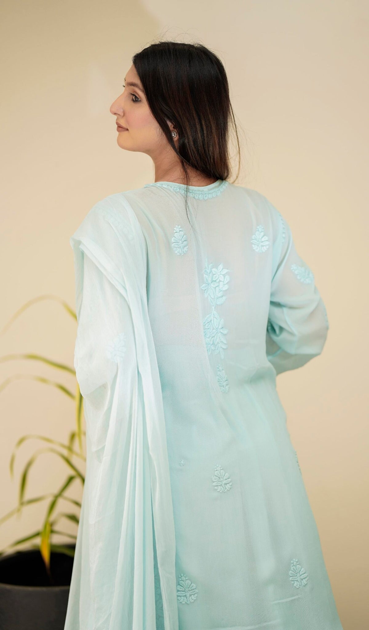 Adaya Ice Blue Premium Georgette Chikankari Set by LVW Fashion, featuring intricate embroidery on a full embroidered outfit.