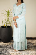 Adaya Ice Blue premium georgette Chikankari set by LVW Fashion, featuring intricate embroidery and full traditional ensemble.