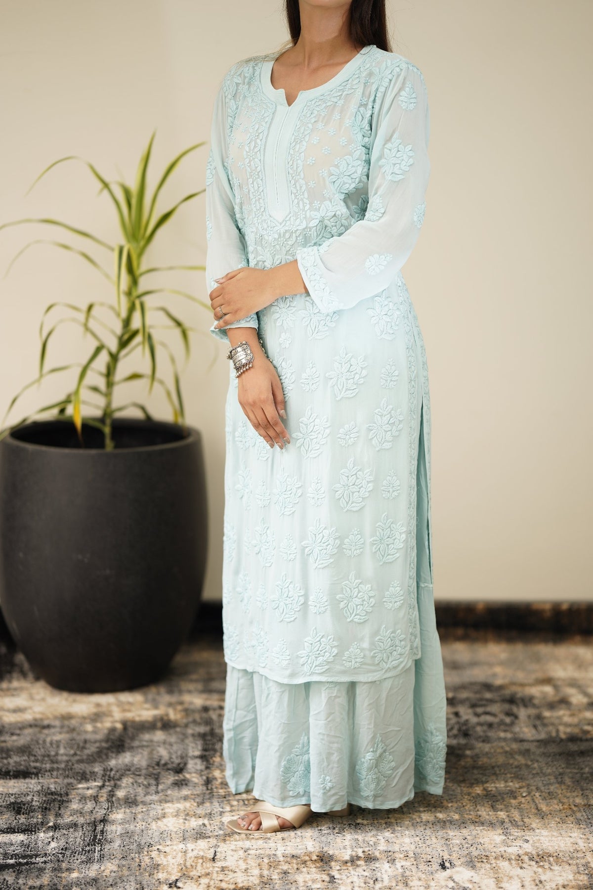Adaya Ice Blue premium georgette Chikankari set by LVW Fashion, featuring intricate embroidery and full traditional ensemble.