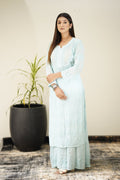 Adaya Ice Blue premium georgette Chikankari set by LVW Fashion, featuring intricate embroidery on a full traditional ensemble.