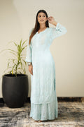 Adaya Ice Blue Premium Georgette Chikankari Set by LVW Fashion, full traditional Indian embroidered outfit with intricate chikankari details.