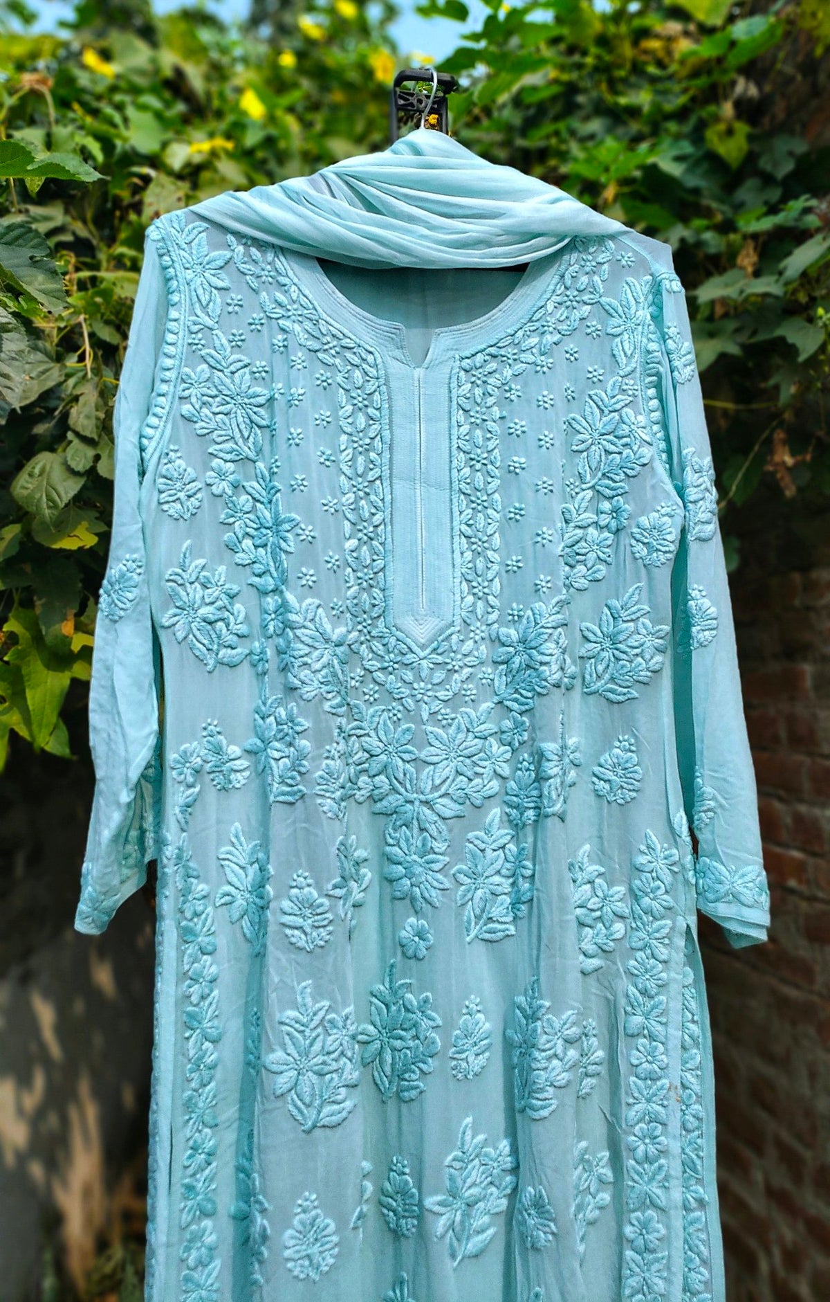 Adaya luxurious Look Chikankari Kurta and skirt set by LVW Fashion, featuring intricate white embroidery and elegant traditional design.
