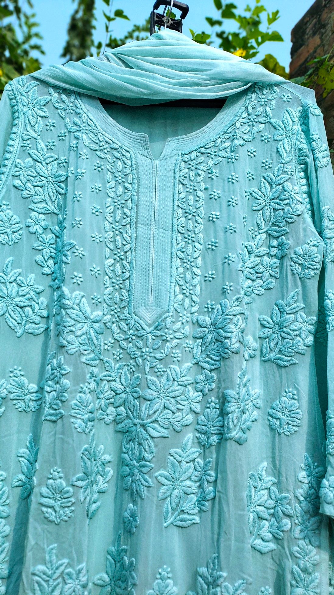 Adaya luxurious Look Chikankari Kurta Skirt Set by LVW Fashion, featuring intricate embroidery, soft fabric, and elegant traditional design.