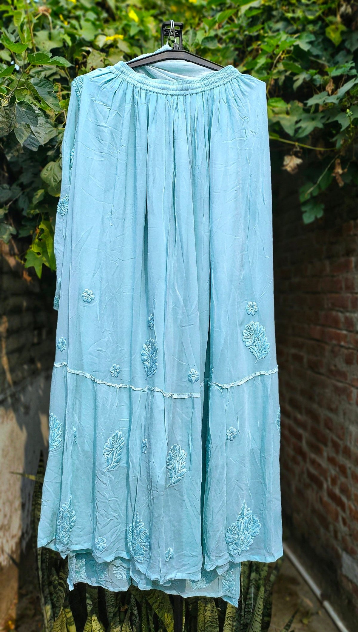 Luxurious Adaya Look Chikankari Kurta Skirt Set by LVW Fashion, featuring intricate embroidery and elegant traditional design.