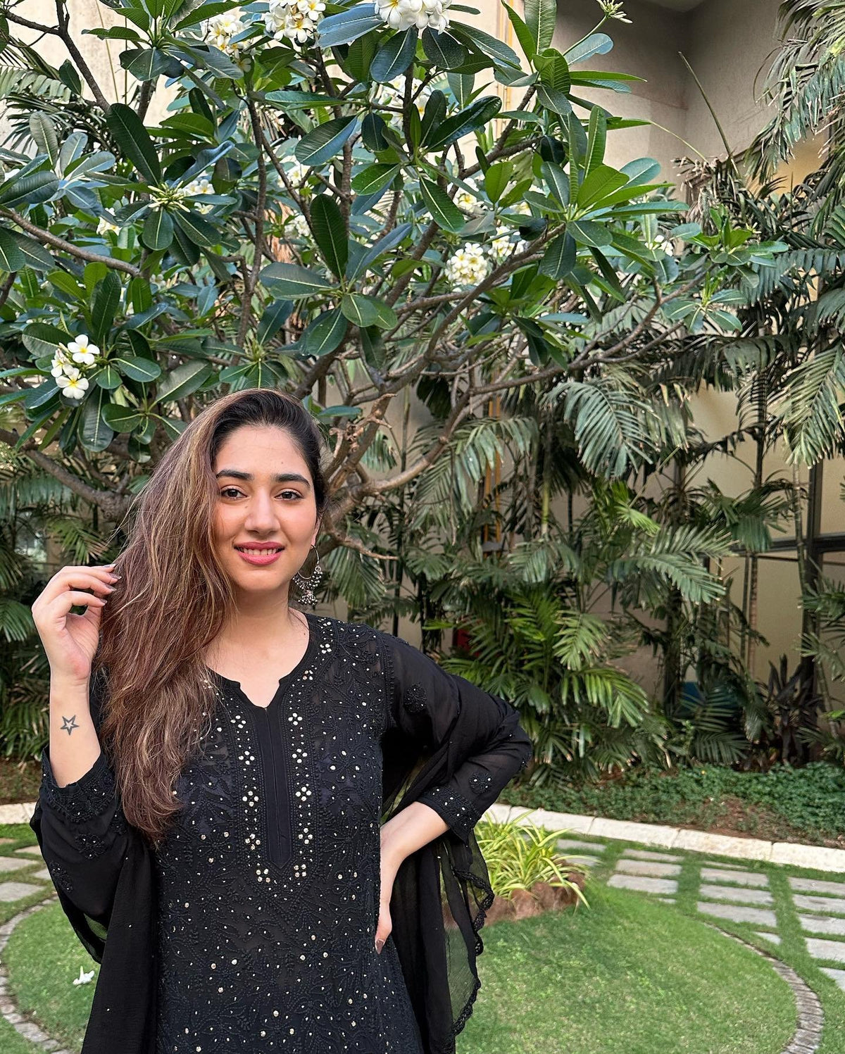 Black Beauty Celebrity Inspired Chikankari Kurta Set by LVW Fashion, full set with intricate embroidery and elegant design.