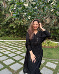 Black Beauty Chikankari Kurta Set by LVW Fashion, luxurious black celebrity-inspired look with intricate embroidery and full set styling.