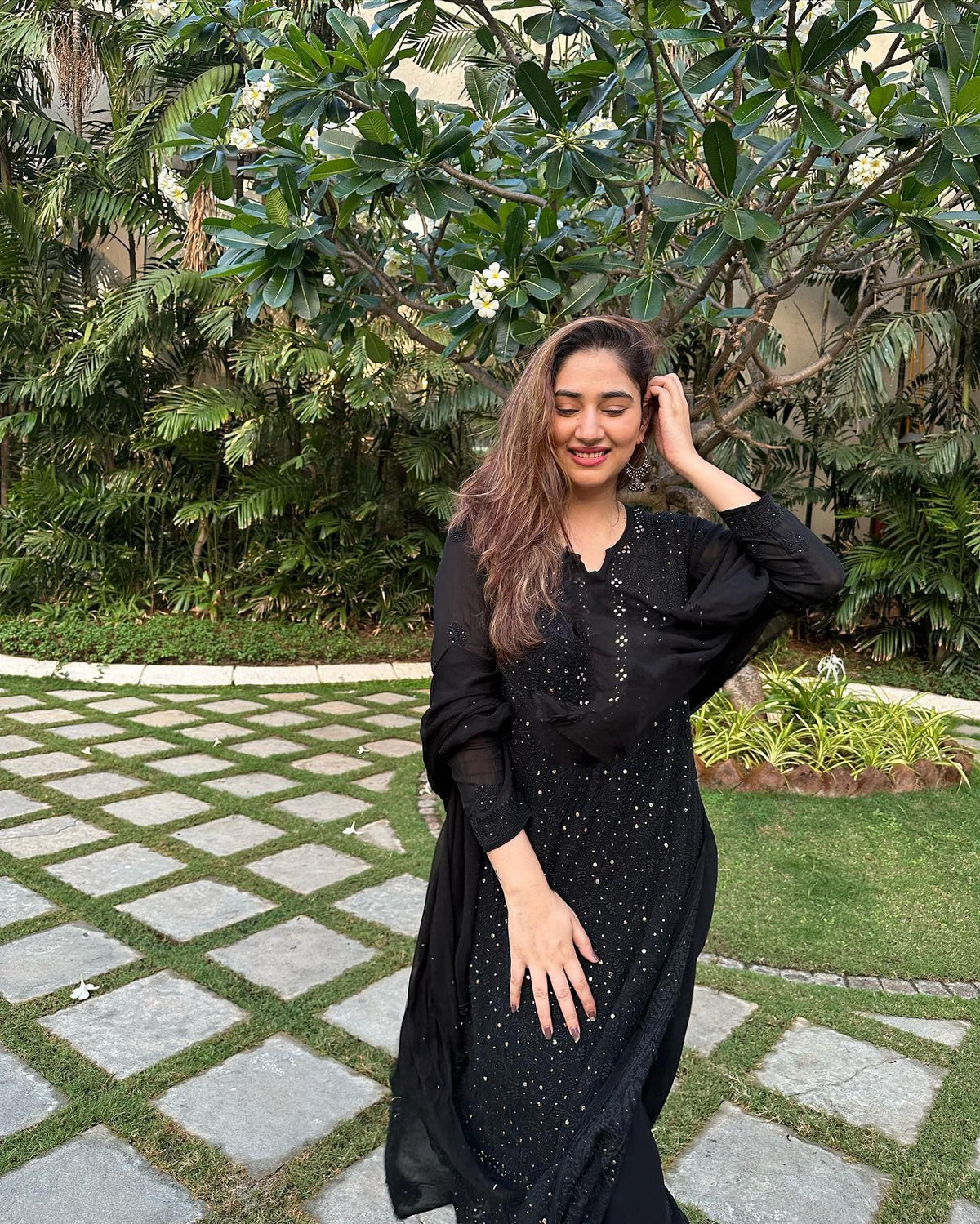 Black Beauty Chikankari Kurta Set by LVW Fashion, luxurious black celebrity-inspired look with intricate embroidery and full set styling.