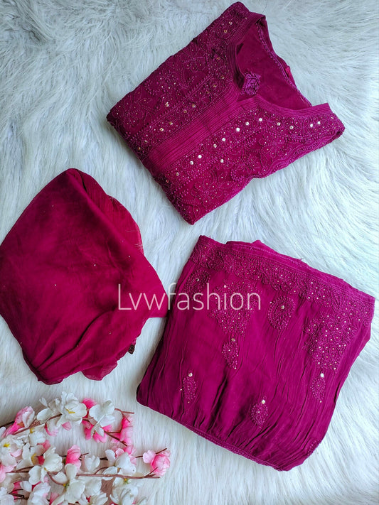 Dark scarlet wine georgette Gharara set with luxurious chikankari embroidery from LVW Fashion Luxurious. Full traditional ensemble.