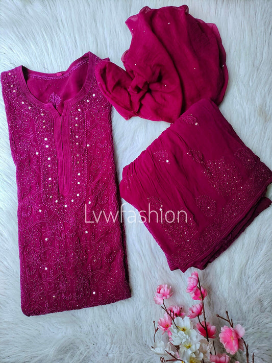 Dark scarlet wine georgette luxurious Gharara set with intricate Chikankari embroidery from LVW Fashion Luxurious.
