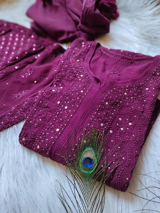 Fuchsia pink premium georgette Chikankari Kurti set with silk inner by LVW Fashion Luxurious Chikankari, full ensemble shown.