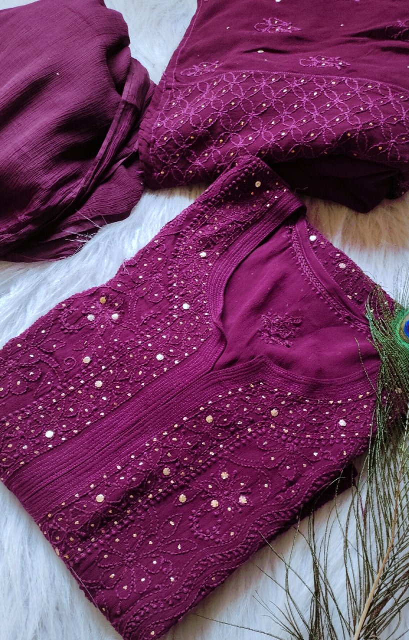 Fuchsia pink premium georgette Chikankari Kurti set with silk inner from LVW Fashion, featuring intricate embroidery and a full-length design.