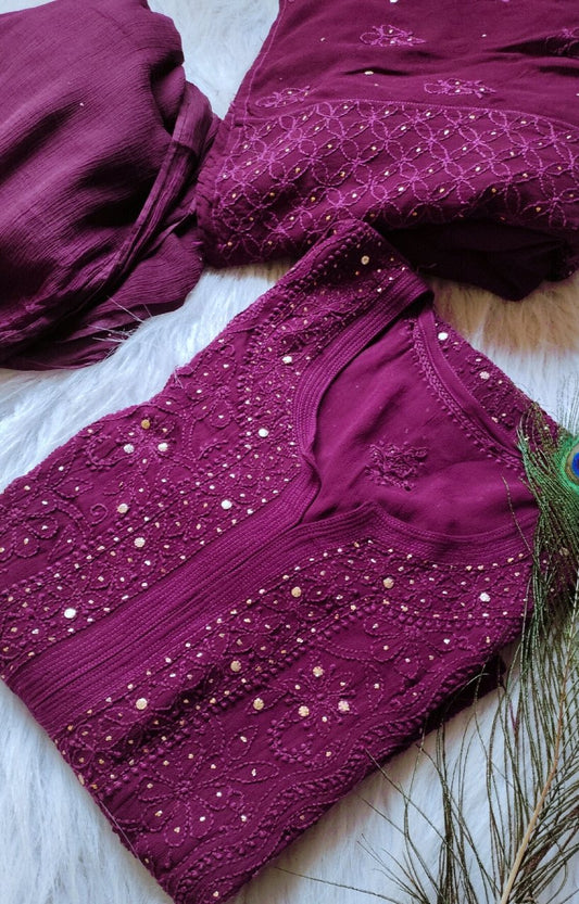 Fuchsia pink premium georgette Chikankari Kurti set with silk inner from LVW Fashion, featuring intricate embroidery and a full-length design.
