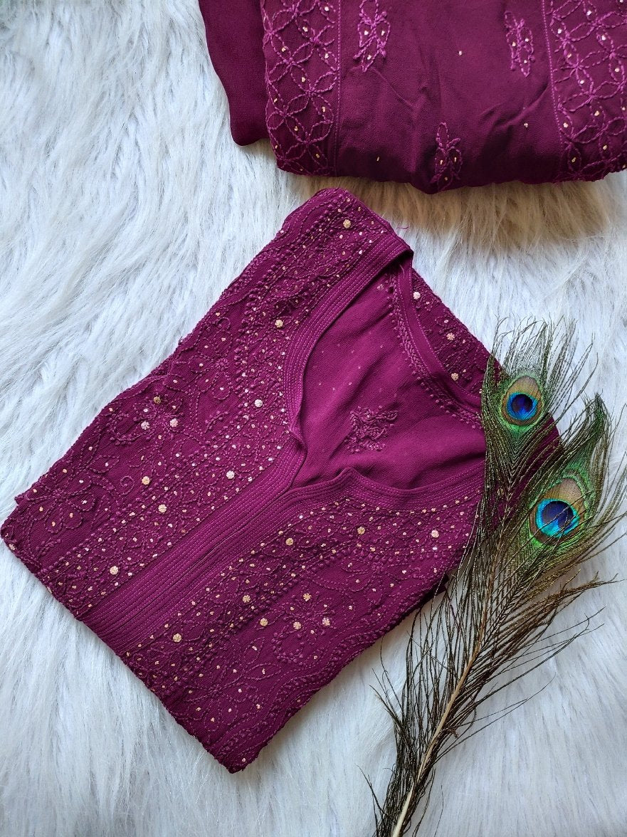 Fuchsia pink premium georgette Chikankari Kurti set with silk inner, by LVW Fashion Luxurious Chikankari, full-length outfit.