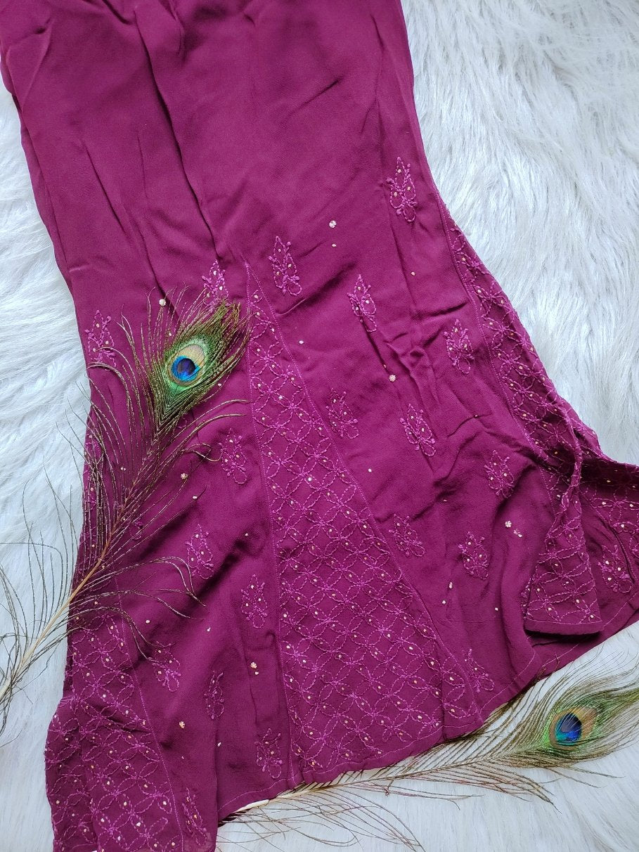 Fuchsia pink premium georgette Chikankari Kurti set with silk inner, by LVW Fashion Luxurious Chikankari. Full set display.