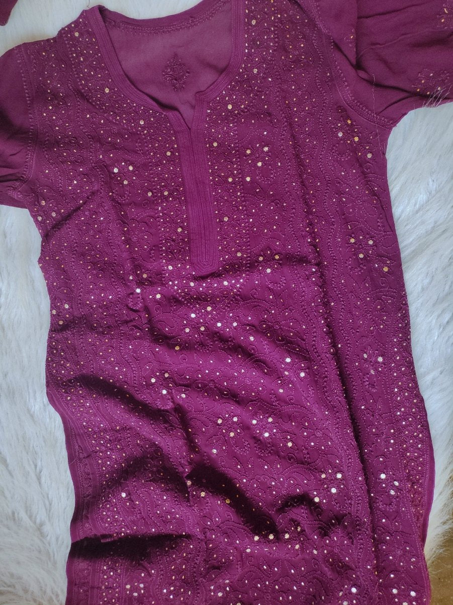 Fuchsia pink premium georgette Chikankari kurti set with silk inner from LVW Fashion, featuring intricate embroidery and full-length design.