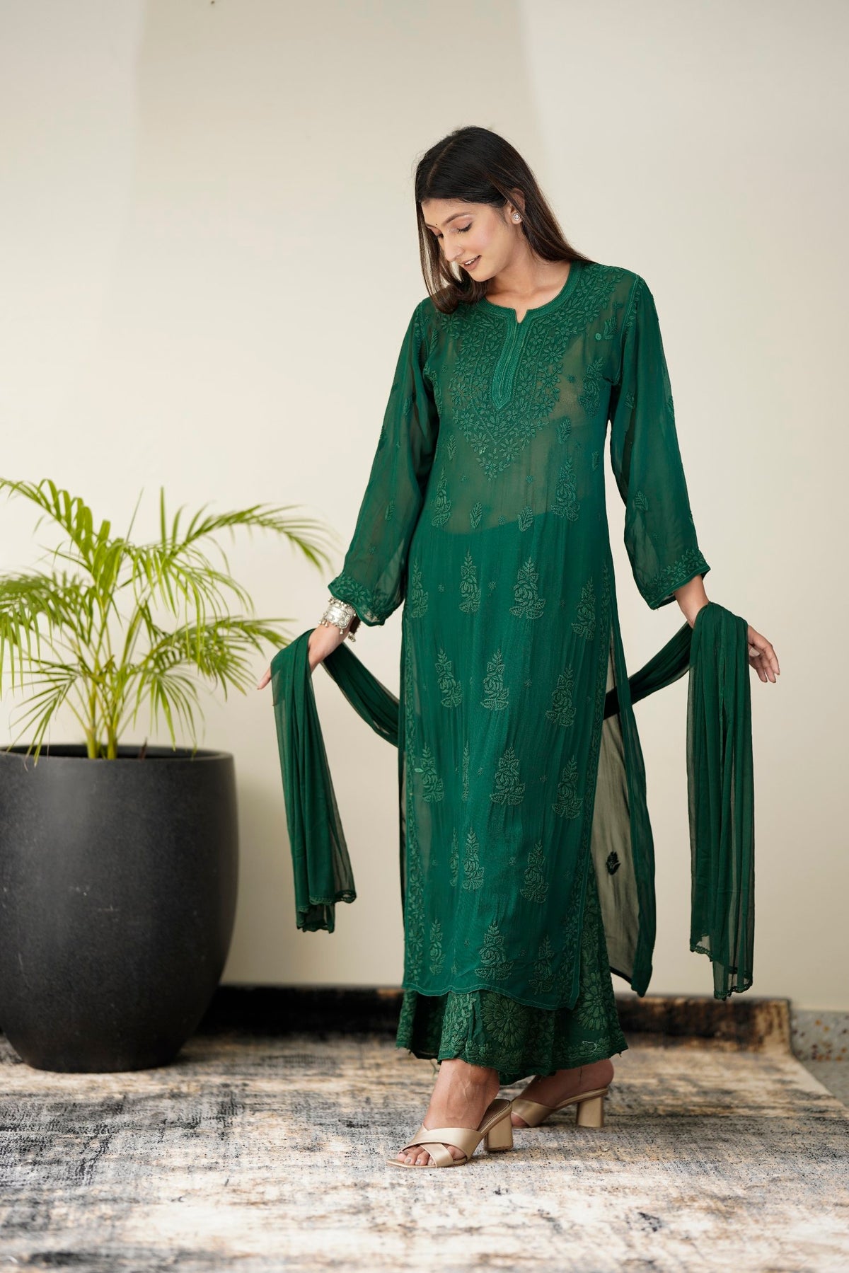 Heer Premium Georgette Chikankari Sharara Set by LVW Fashion, featuring intricate embroidery and a unique design full-length ensemble.