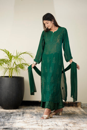 Heer Premium Georgette Chikankari Sharara Set by LVW Fashion, featuring intricate embroidery and a unique design full-length ensemble.