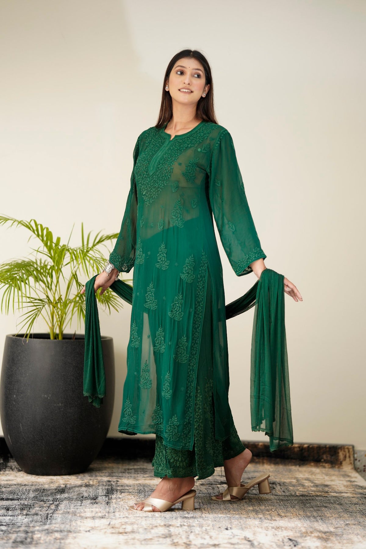 LVW Fashion Heer Premium Georgette Chikankari Sharara Set with intricate embroidery and unique design, full-length outfit.