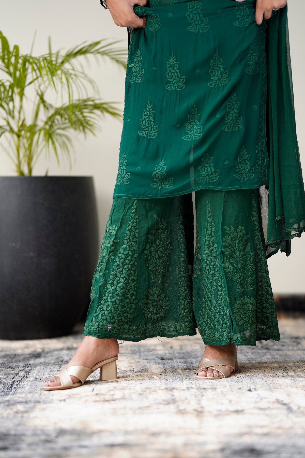 LVW Fashion luxurious Heer premium georgette Chikankari sharara set with intricate embroidery and unique design, full-length ensemble.