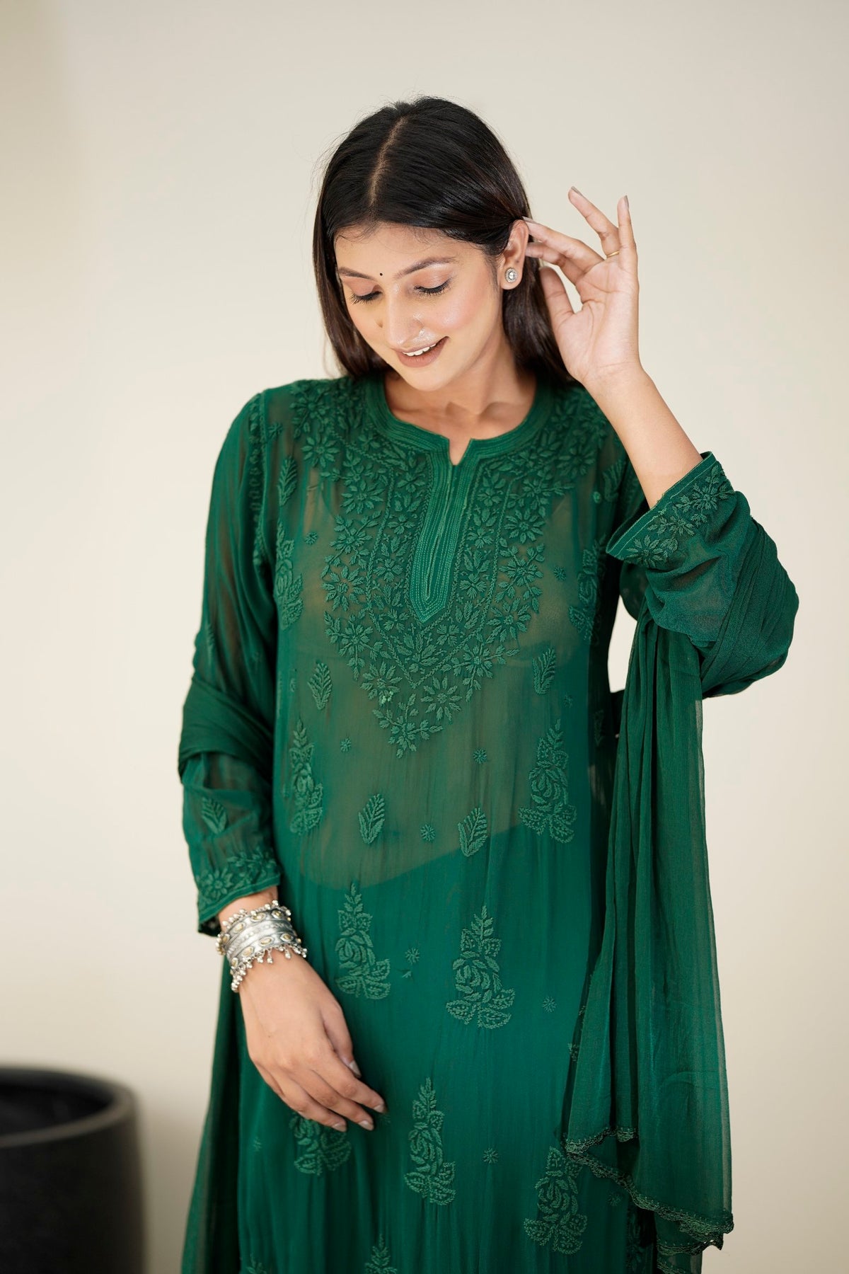 Heer Premium Georgette Chikankari Sharara Set by LVW Fashion featuring intricate embroidery and a unique design.